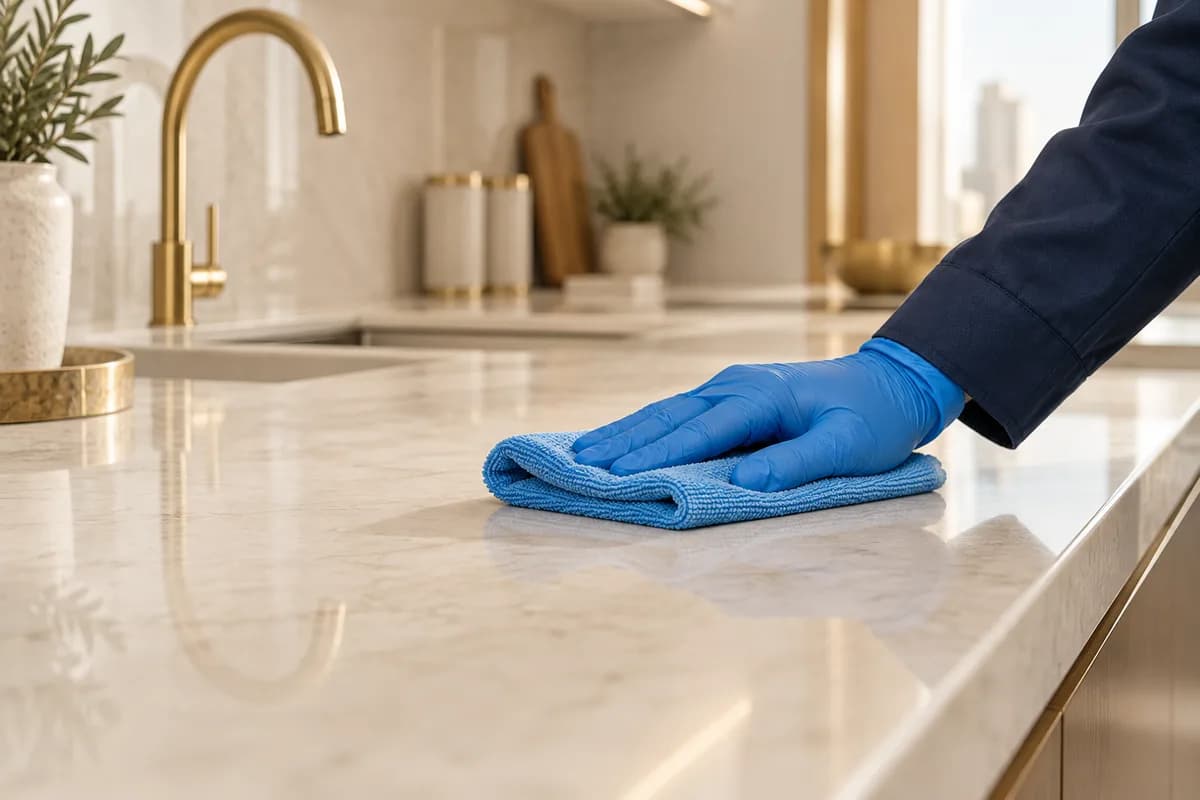 Illustrative cleaning scene showing a gloved hand wiping a kitchen countertop